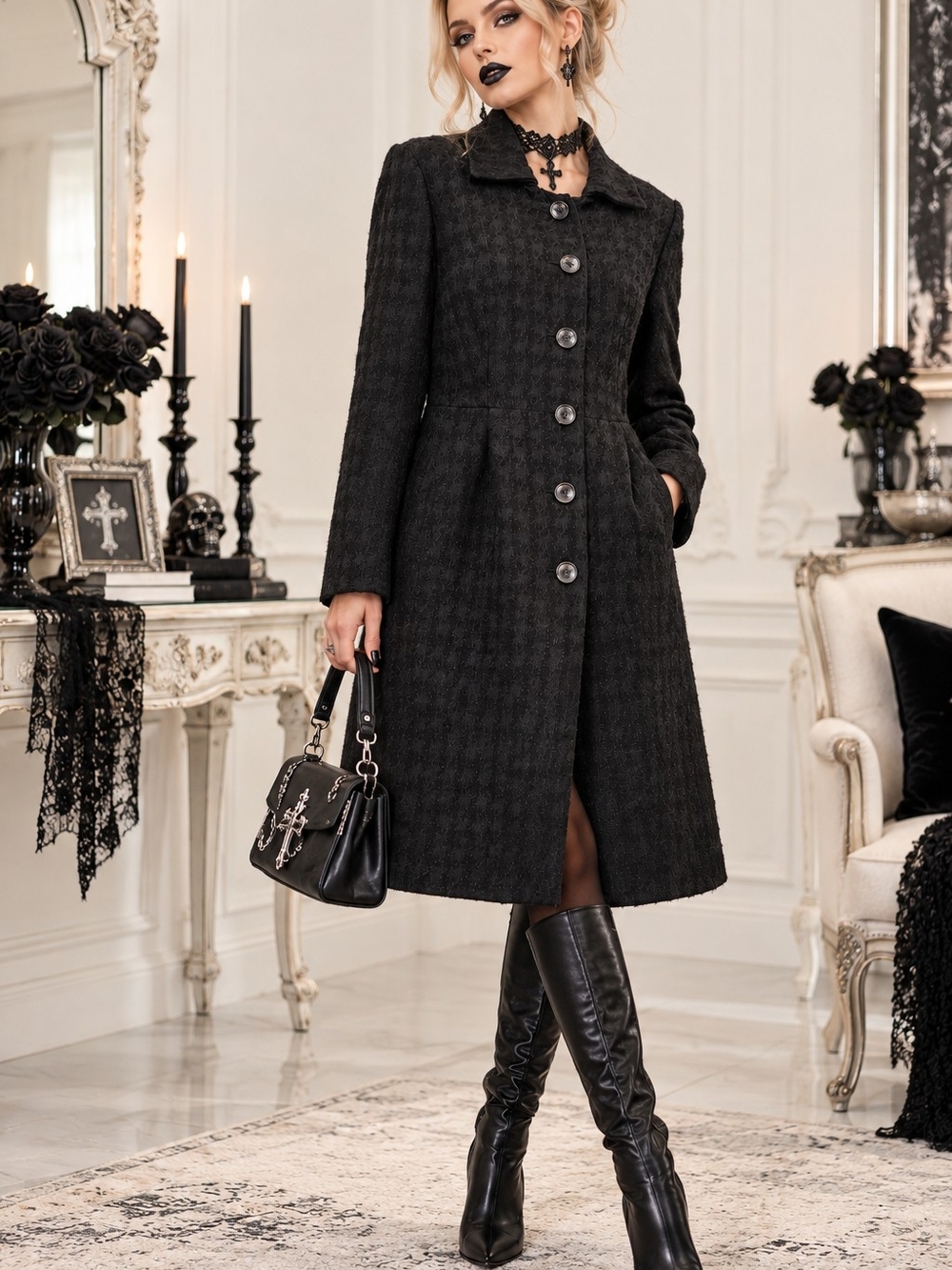 Banana Republic Black Textured Knee-Length Trench Coat